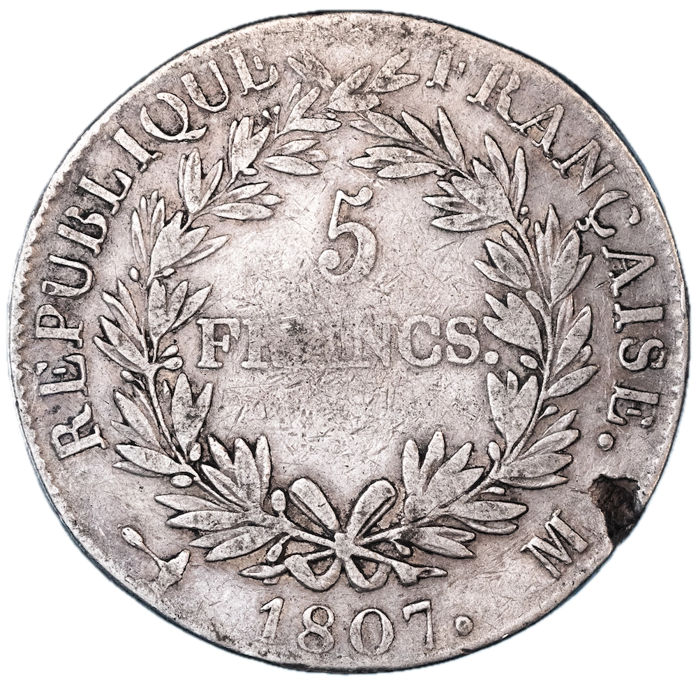 Moneta : Premier-Empire-Napoléon Ier-5 francs 1807 Toulouse